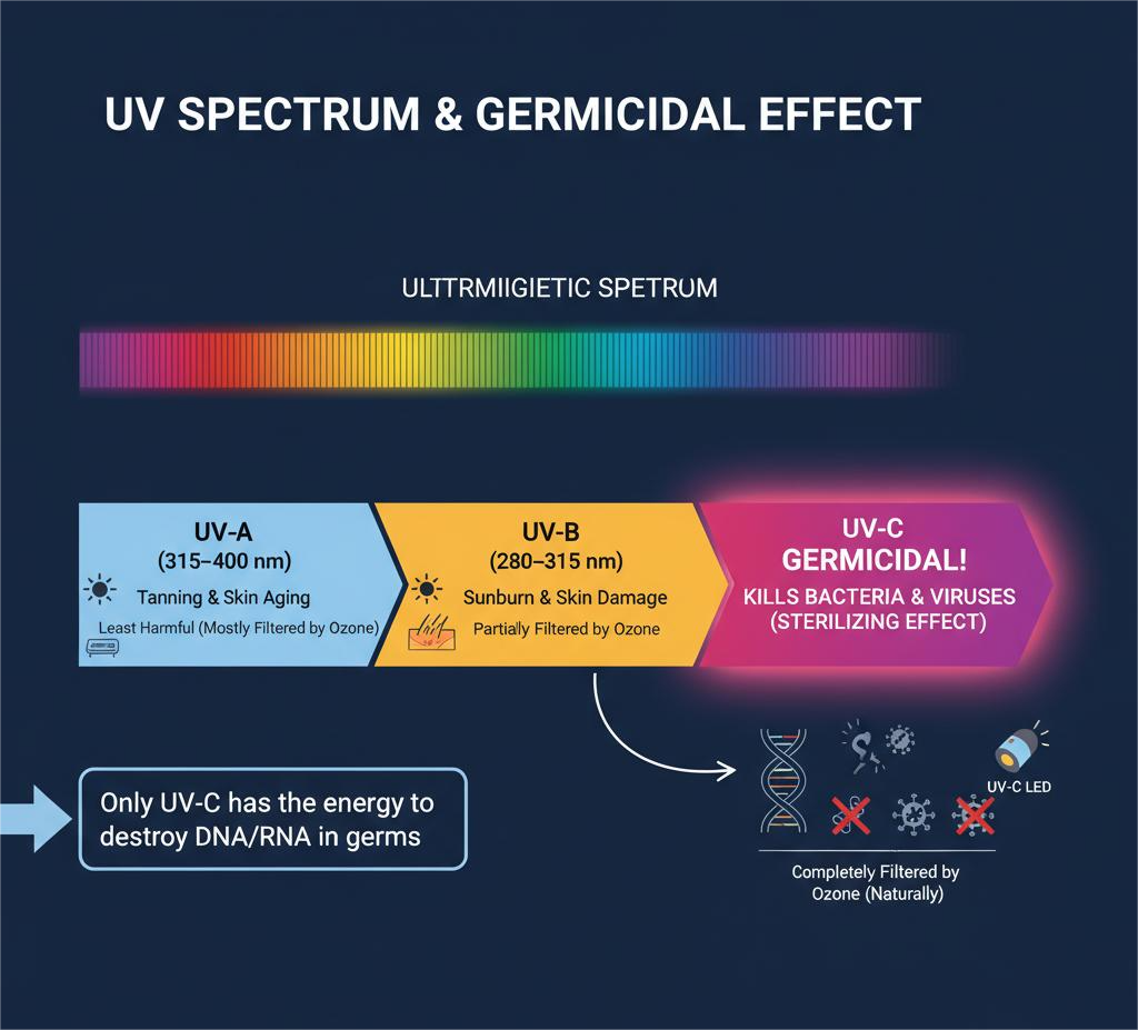 UV Spectrum showing UV-A, UV-B, and germicidal UV-C (200-280 nm) that inactivates bacteria and viruses